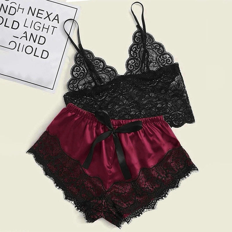 1 Pajamas Set Womens Lace Sleepwear Lingerie Crop Tops And Shorts Babydoll Pajamas Underwear Nightwear