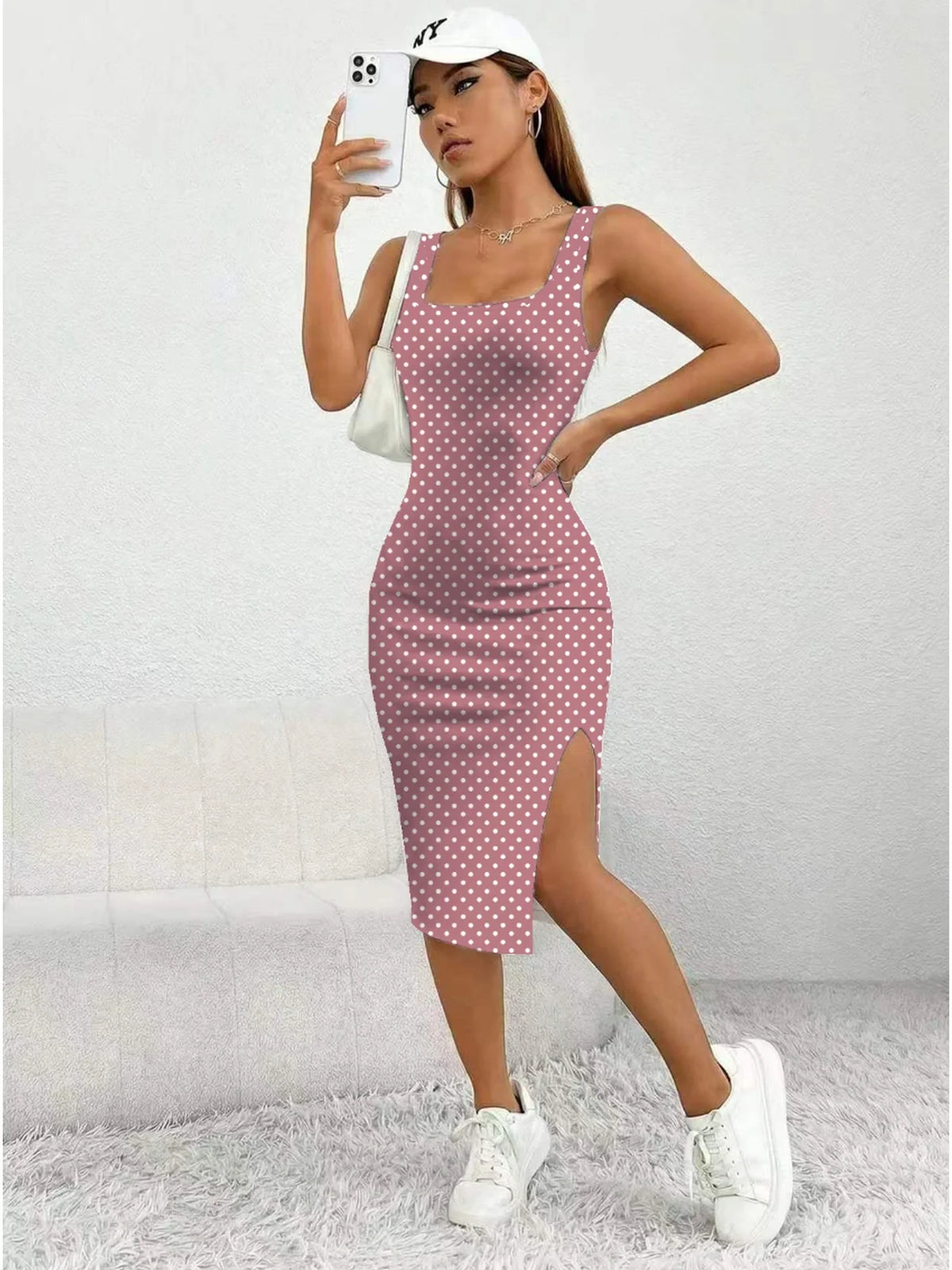 Polka Dot Midi Dress sleeveless design