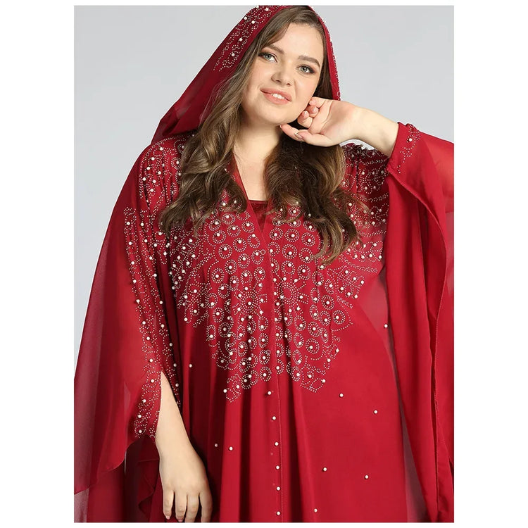 Moroccan Hooded Abaya featuring a stylish design with wide batwing sleeves and a flowing maxi silhouette.