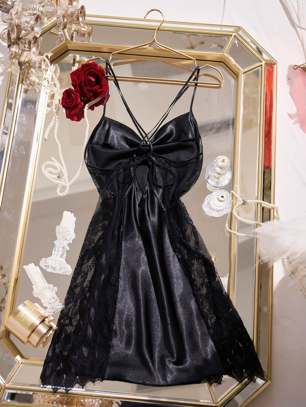 Women's Piled Up Collar Slip Nightdress Lace Patchwork Crisscross Back Pajamas Elegant Spaghetti Strap Sleep Dress