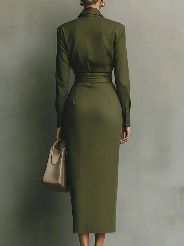 Spring Autumn Turn-Down Collar Chic Maxi Dress, Women Holiday Long Sleeve Simple Party Dress, 2025 Elegant Button Ladies Dress