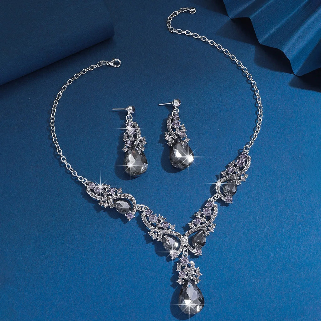 Fashion Women's 2pcs  Rhinestone Crystal Necklace Earrings Jewelry Set Bridal Wedding Accessories Party Gift
