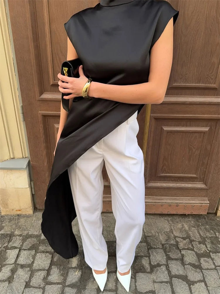 Sleeveless Satin Turtleneck Maxi Dress
