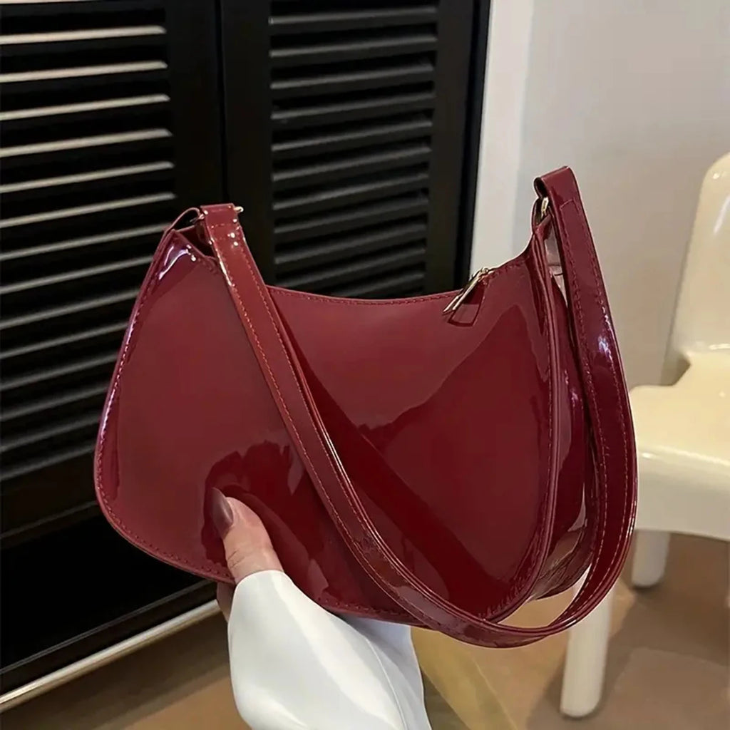 Red High-End Bag for Women, Retro Hand-Held Underarm Bag, Foreign-Style Small Patent Leather Bag for Young Girls, Single Shoulde