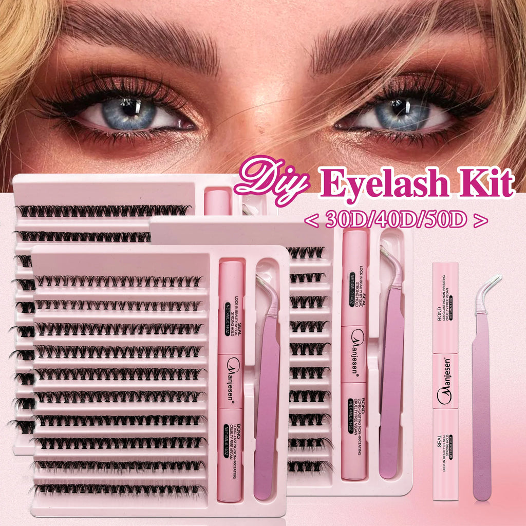 LASHVNNA Lash Clusters Kit With Waterproof Strong Hold DIY Lash Extension Kit Lash Bond And Seal And Eyelash Tweezers Makeup
