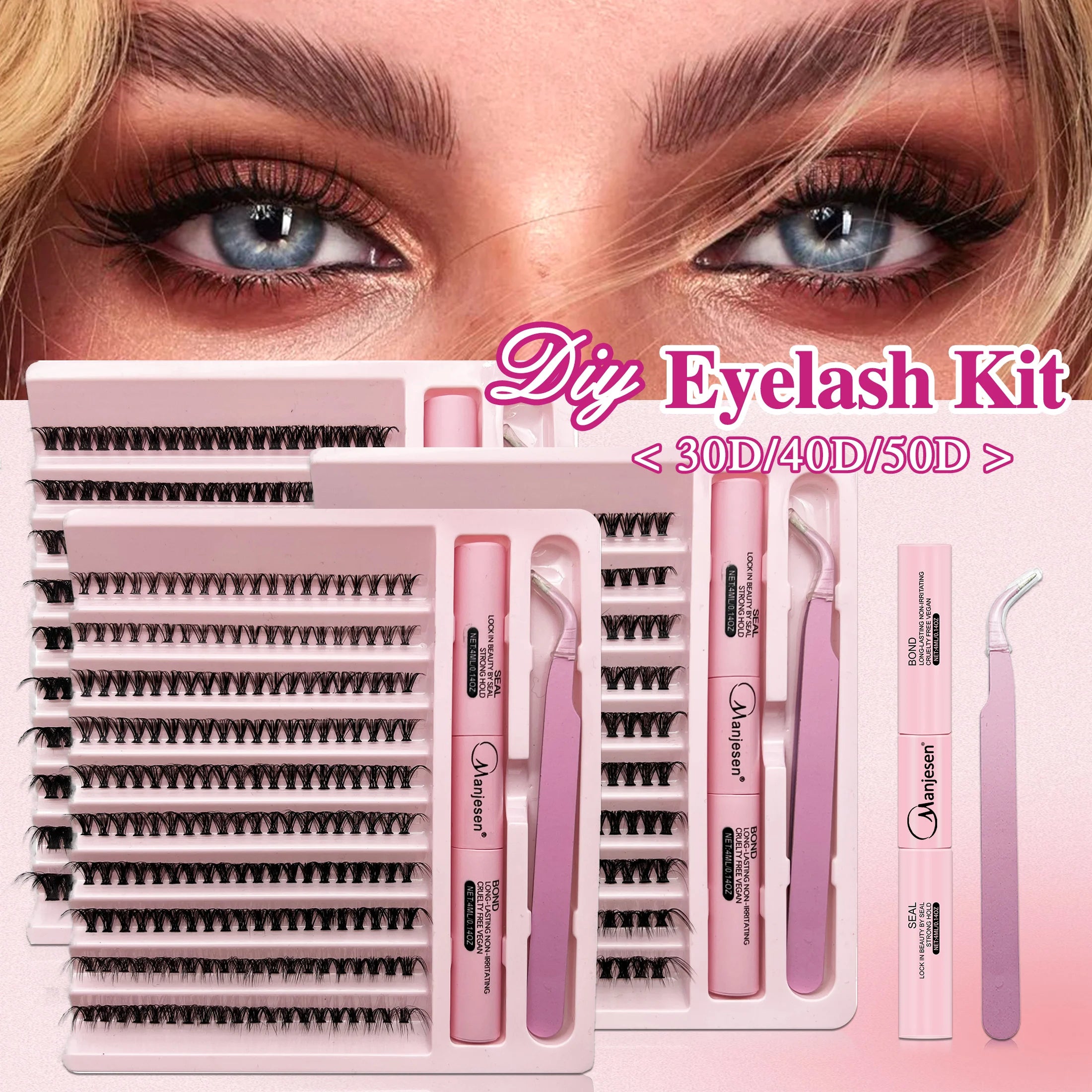 LASHVNNA Lash Clusters Kit With Waterproof Strong Hold DIY Lash Extension Kit Lash Bond And Seal And Eyelash Tweezers Makeup
