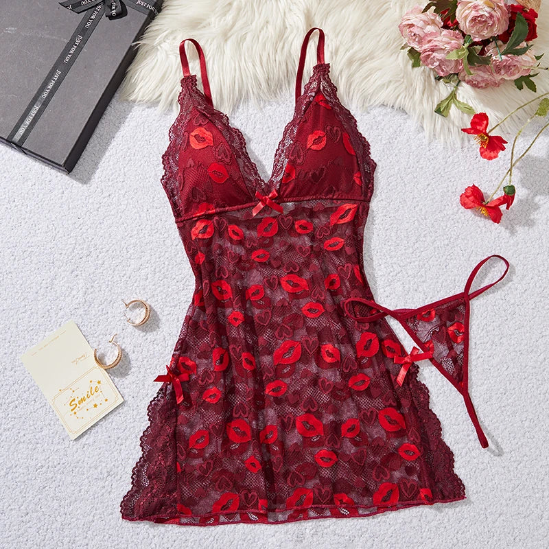 Women's Lace Suspender Sleeping Dress Underwear Nightdress Set