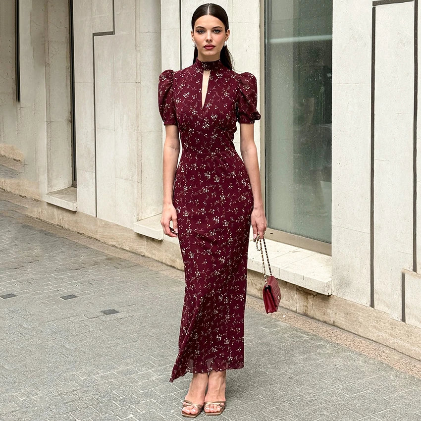Linad Spring Elegant Print Long Dress Vintage High Waist Puff Sleeve Dresses Lady Casual Chiffon Turtleneck Dress For Women 2026