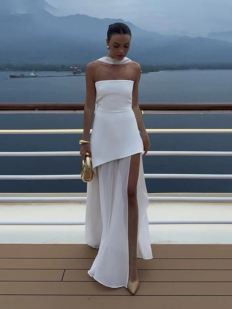 Elegant Women's Strapless Ribbon Long Dress Mesh Maxi Dresses Summer Evening Party Wedding Guest White Yellow Burgundy Brown New