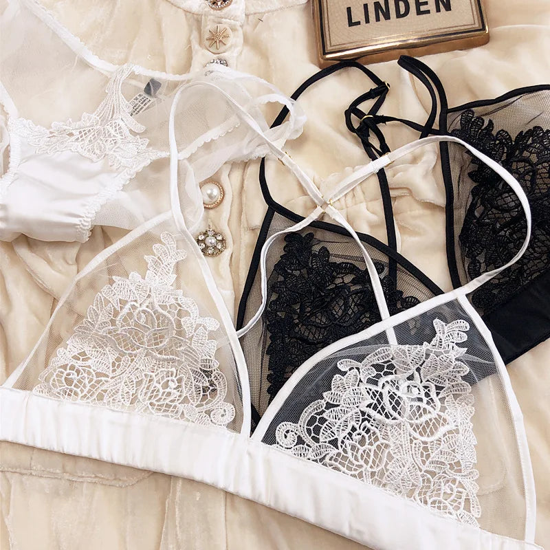 Embroidered lace ultra-thin non-steel ring triangle cup beauty back bra set hollow mesh underwear bras show small