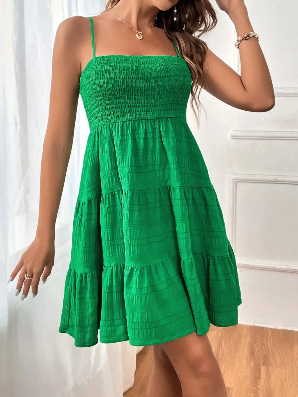 Women's Fashion Spaghetti Strap Smocked Bustier Mini Dress Blue Ruffled Tiered Swing Dress Summer Casual Vacation Beach Wear
