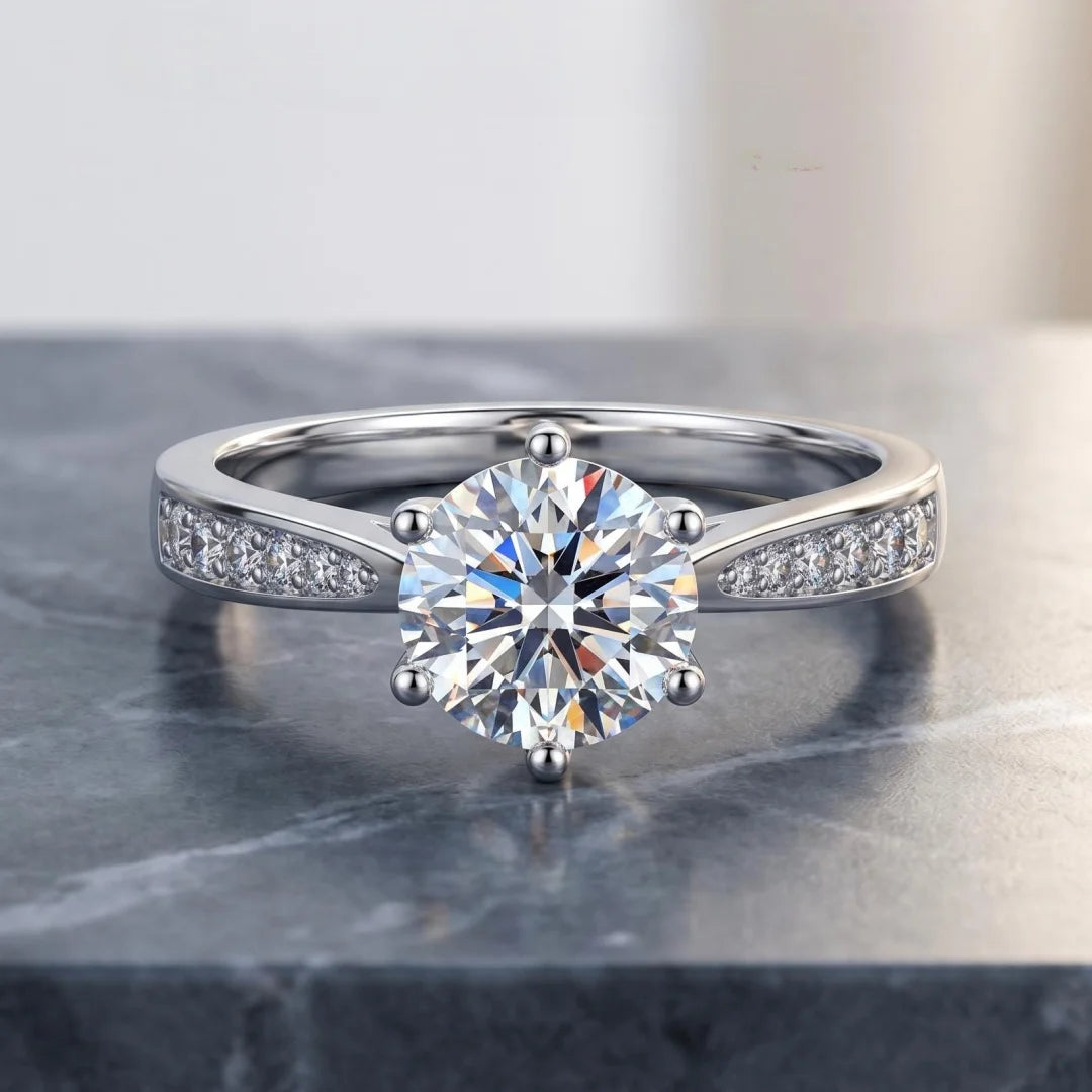 Moissanite Engagement Ring – 18K White Gold Plated Sterling Silver