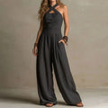 Vintage Halter Jumpsuit Women Crisscross Neck Sleeveless High Waist Wide Leg Playsuit Casual Loose Solid Pockets One-Piece Suits