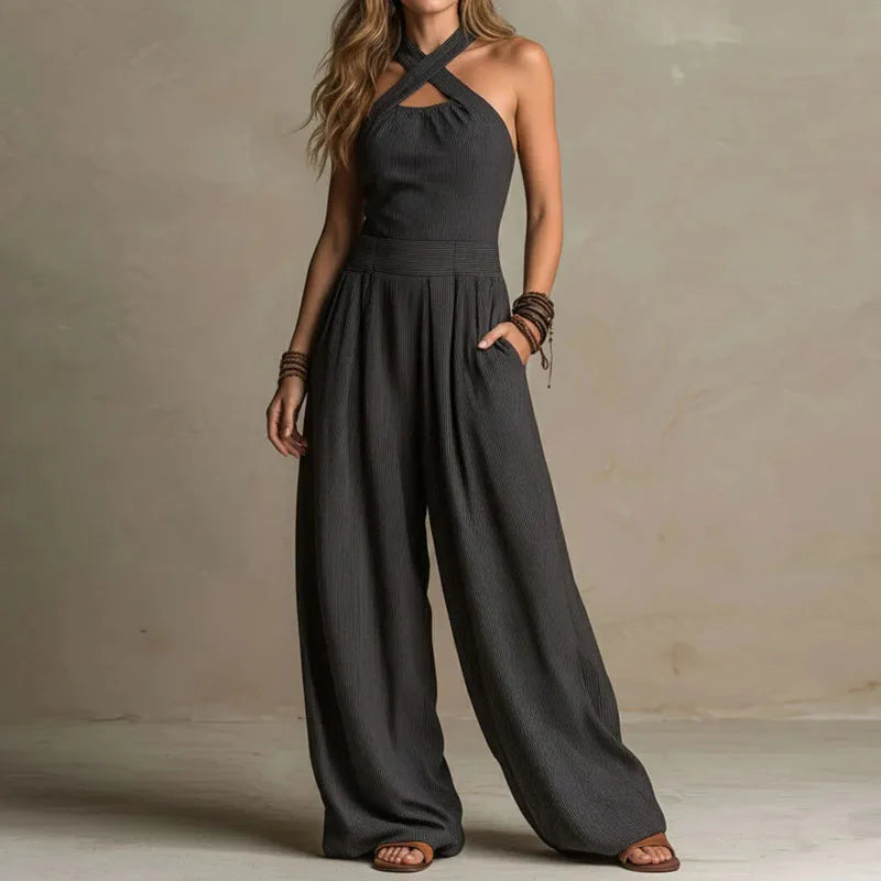 Vintage Halter Jumpsuit Women Crisscross Neck Sleeveless High Waist Wide Leg Playsuit Casual Loose Solid Pockets One-Piece Suits
