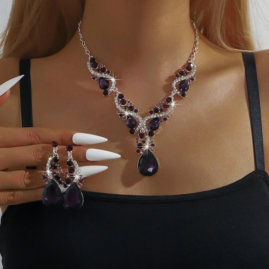 Fashion Women's 2pcs  Rhinestone Crystal Necklace Earrings Jewelry Set Bridal Wedding Accessories Party Gift