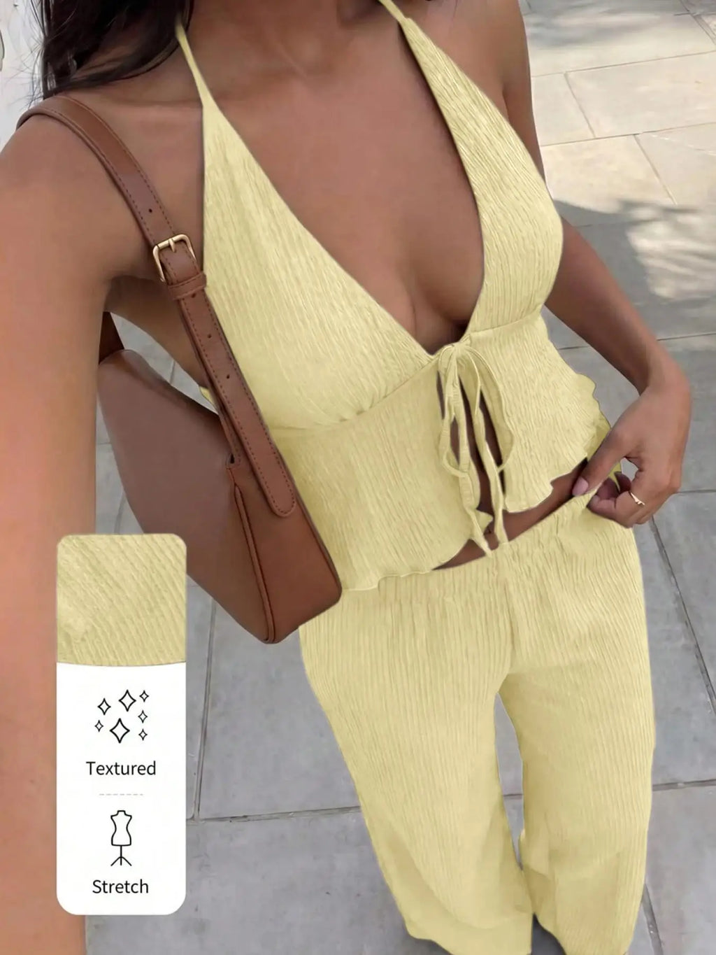 Women's Textured Neckline Top And Wide Leg Pants Set Deep V-Neck Design Front Tie Detail Elastic Waist Design 2-Piece Outfit