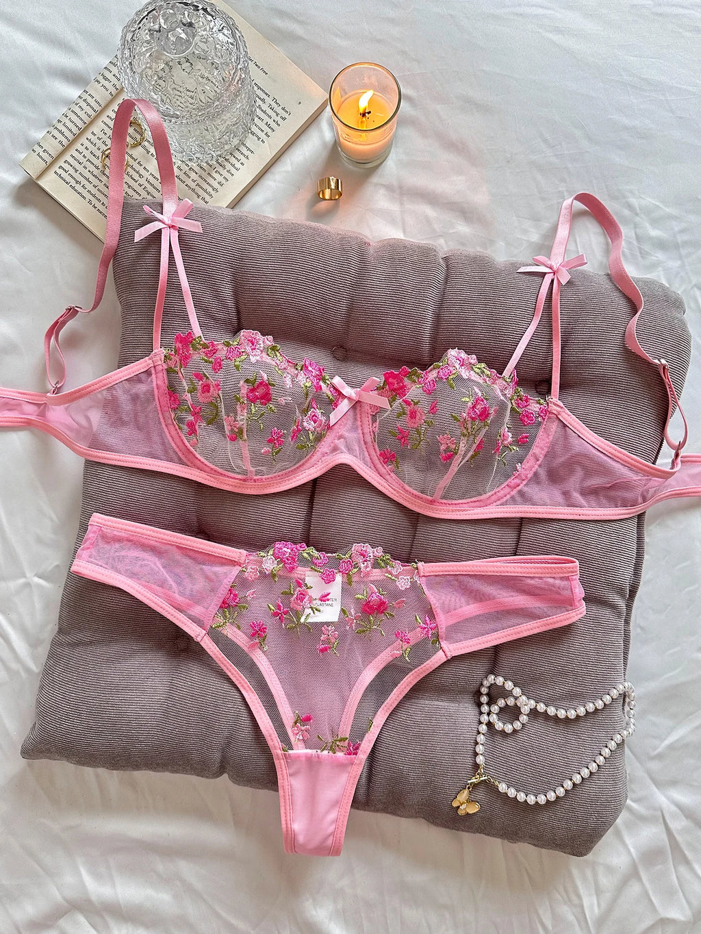 Ladies Pink Embroidered Floral Print Underwear Set Feminine Elegant Small Motif Lace Detail Comfortable Women's Nightgown
