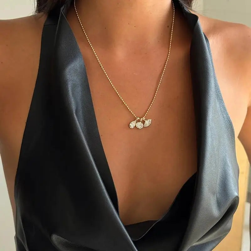 Women's Geometric White Zircon Pendant Bead Chain Necklace Gold Color Plated Stainless Steel Simple Daily Jewelry Gift