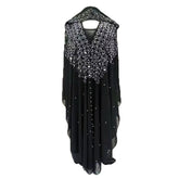 Moroccan Hooded Abaya featuring a stylish design with wide batwing sleeves and a flowing maxi silhouette.
