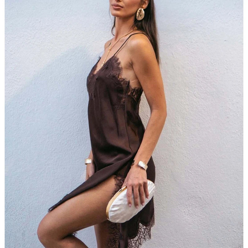 Satin Lace Backless Slip Dress