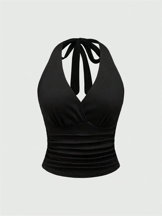 Solid V-neck Backless Halter Crop Top for Women Summer Sexy Y2K Sleeveless Ruched Top Streetwear