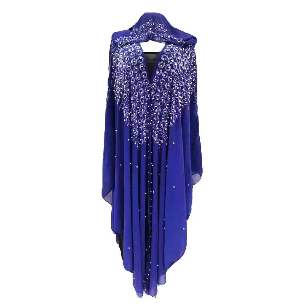 Moroccan Hooded Abaya featuring a stylish design with wide batwing sleeves and a flowing maxi silhouette.