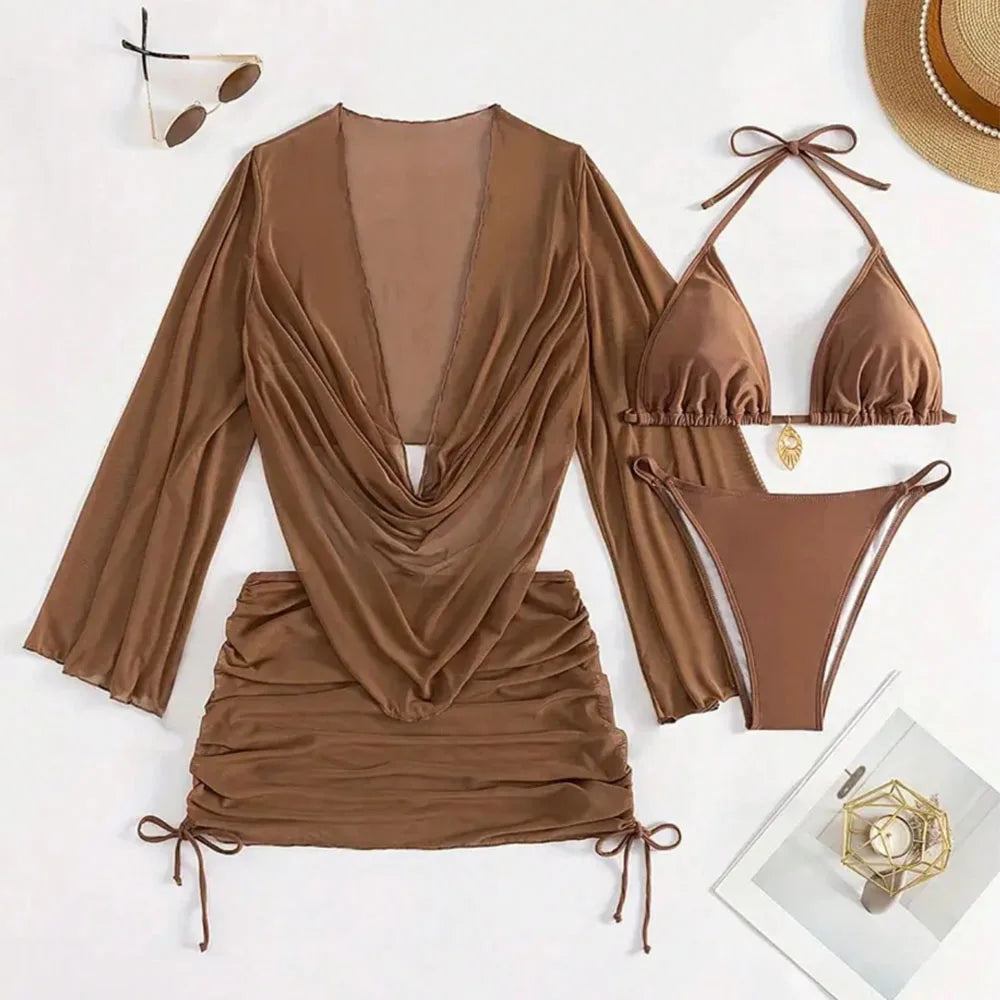 4pcs Sexy Solid Color Bikini Set With Sheer Cover-Up, Suitable For Vacation, Beach Party, Perfect For New Year And Valentine's