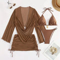 4pcs Sexy Solid Color Bikini Set With Sheer Cover-Up, Suitable For Vacation, Beach Party, Perfect For New Year And Valentine's