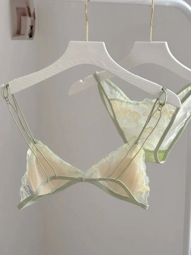 Elegant Hollow Out Lace Bra & Panty Set No Underwire Sheer French Triangle Cup Bralette Invisible Under T-shirt Women Underwear