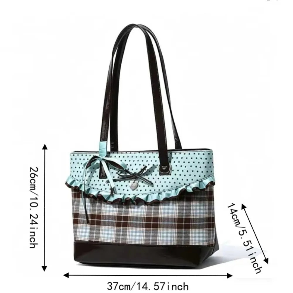 Mint Green Canvas Tote Bag Plaid Pattern Polka Dot Design Handbag Shoulder Bag Chocolate Color Bow Lace Plaid Tote Bag
