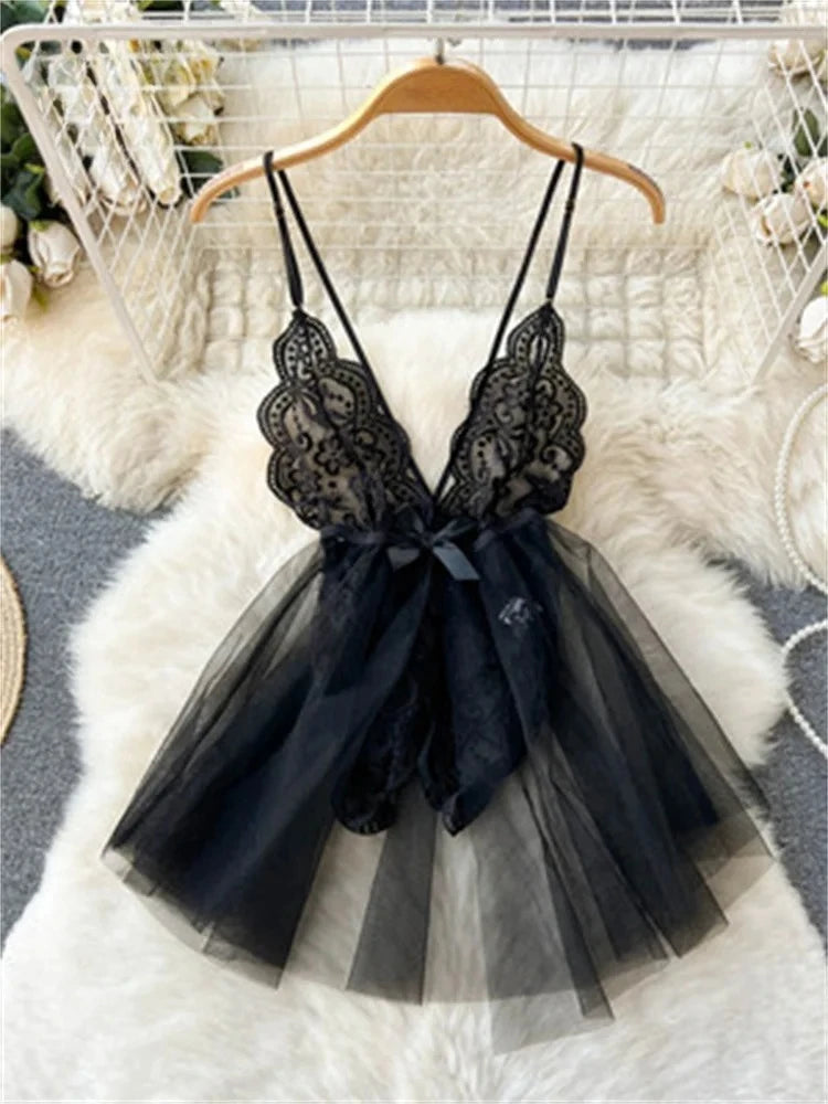 Women Sensual Lace Dress Women V-Neck Open crotch Slim Comfortable Dress Fashion Breathable Sheer Mesh Short Dress New