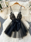 Women Sensual Lace Dress Women V-Neck Open crotch Slim Comfortable Dress Fashion Breathable Sheer Mesh Short Dress New
