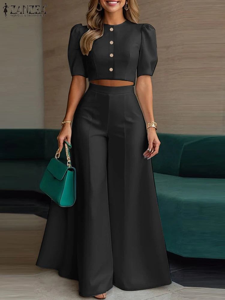 Women's 2-Piece Blouse & Wide-Leg Pants Set – Office Wear