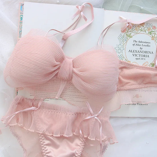 Kawaii Lolita Bralette Set 3D Bow Bra & Panty  Wire Free Push Up for Small Chest Adjustable Straps Free Lace Gift