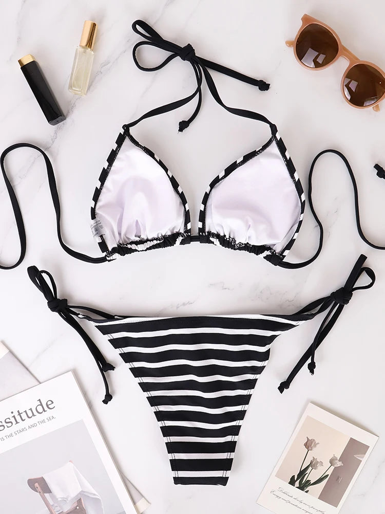 Two Piece Set Triangle Bandage Female Beachwear Summer Sexy Black And White Striped Bikini Swimsuit Beach Women's Style Bikini