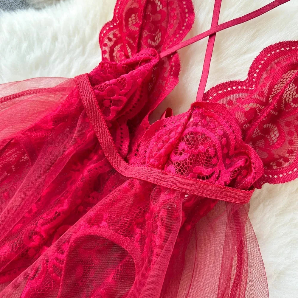 Women Sensual Lace Dress Women V-Neck Open crotch Slim Comfortable Dress Fashion Breathable Sheer Mesh Short Dress New