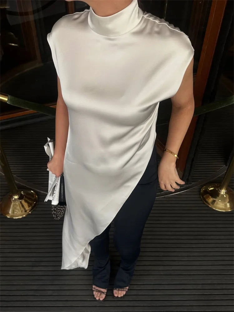 Sleeveless Satin Turtleneck Maxi Dress