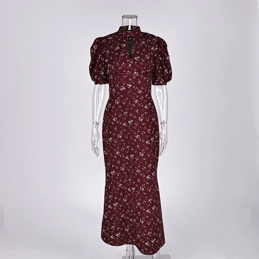 Linad Spring Elegant Print Long Dress Vintage High Waist Puff Sleeve Dresses Lady Casual Chiffon Turtleneck Dress For Women 2026