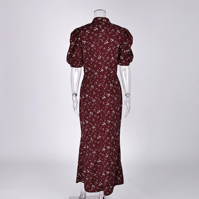 Linad Spring Elegant Print Long Dress Vintage High Waist Puff Sleeve Dresses Lady Casual Chiffon Turtleneck Dress For Women 2026