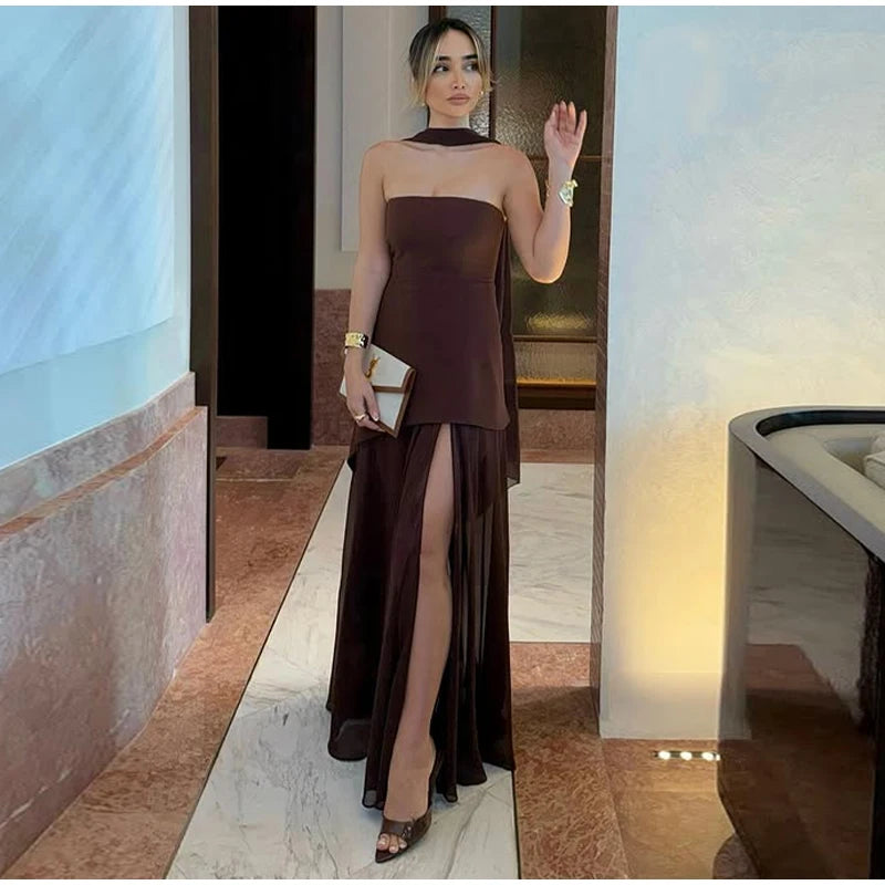 Elegant Women's Strapless Ribbon Long Dress Mesh Maxi Dresses Summer Evening Party Wedding Guest White Yellow Burgundy Brown New