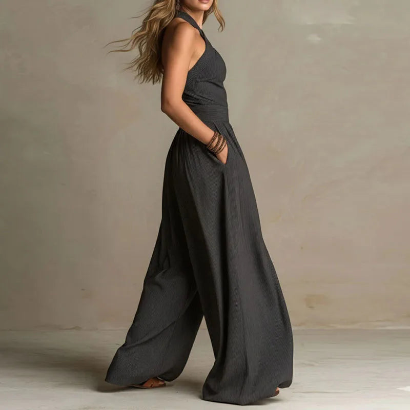 Vintage Halter Jumpsuit Women Crisscross Neck Sleeveless High Waist Wide Leg Playsuit Casual Loose Solid Pockets One-Piece Suits