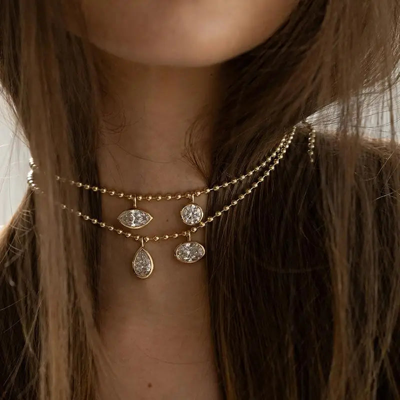 Women's Geometric White Zircon Pendant Bead Chain Necklace Gold Color Plated Stainless Steel Simple Daily Jewelry Gift
