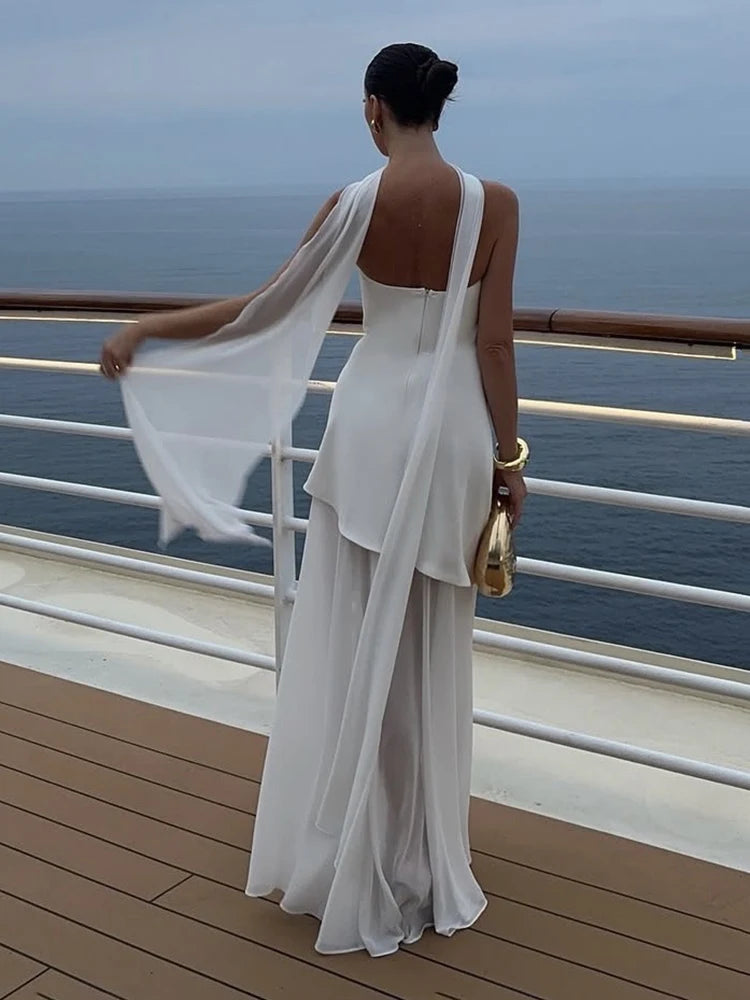 Elegant Women's Strapless Ribbon Long Dress Mesh Maxi Dresses Summer Evening Party Wedding Guest White Yellow Burgundy Brown New
