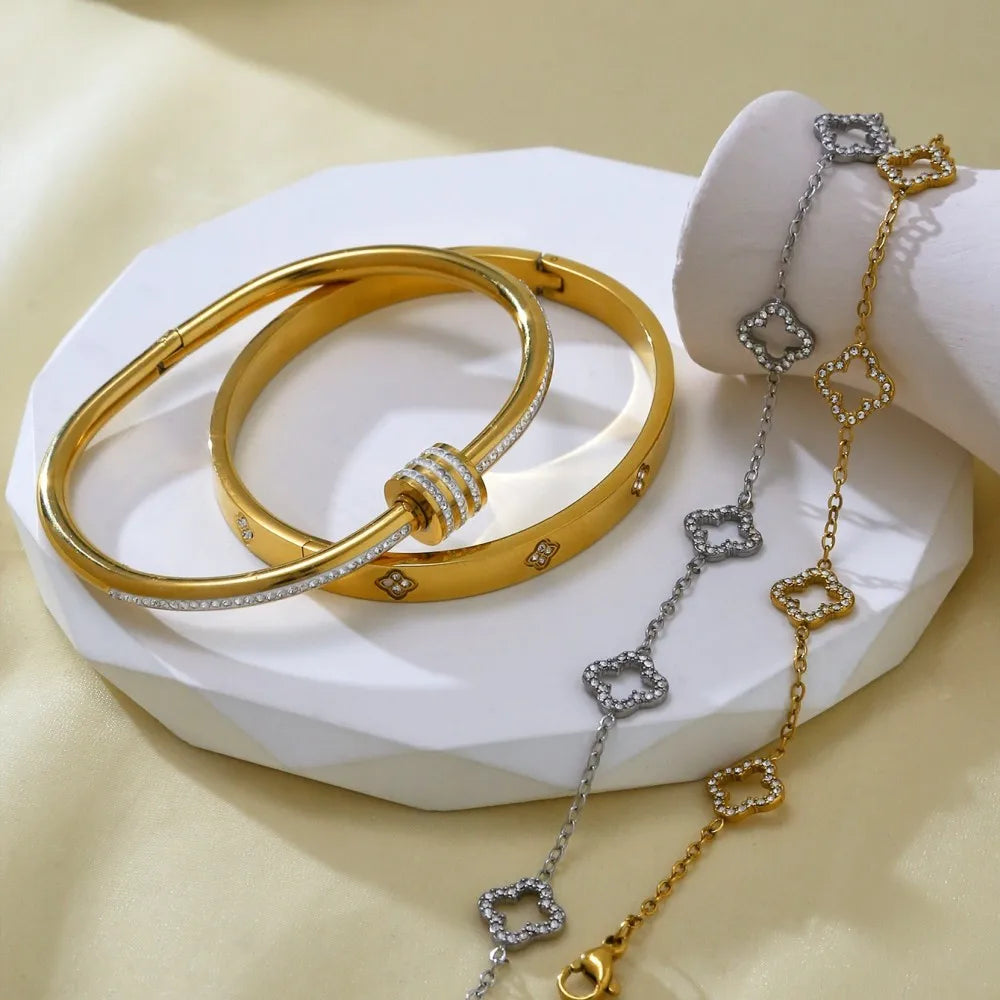 Elegant Female Stainless Steel Bracelet With Zircon Four-Leaf Clover Design Hollow Detail Fashion Accessory For Small Waist