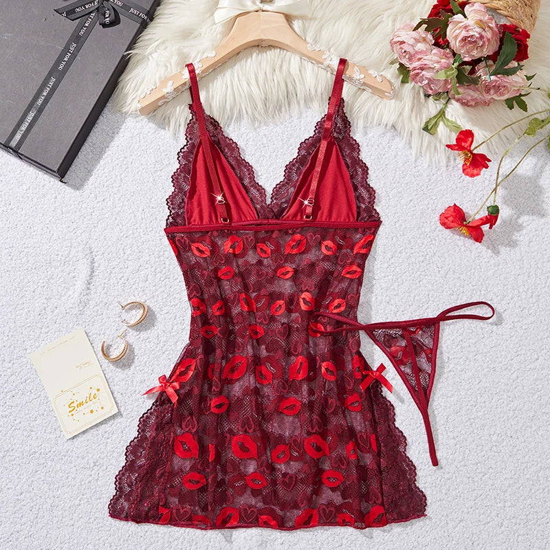 Women's Lace Suspender Sleeping Dress Underwear Nightdress Set