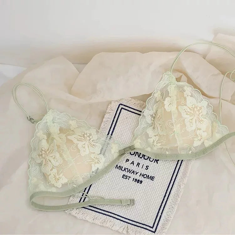 Elegant Hollow Out Lace Bra & Panty Set No Underwire Sheer French Triangle Cup Bralette Invisible Under T-shirt Women Underwear