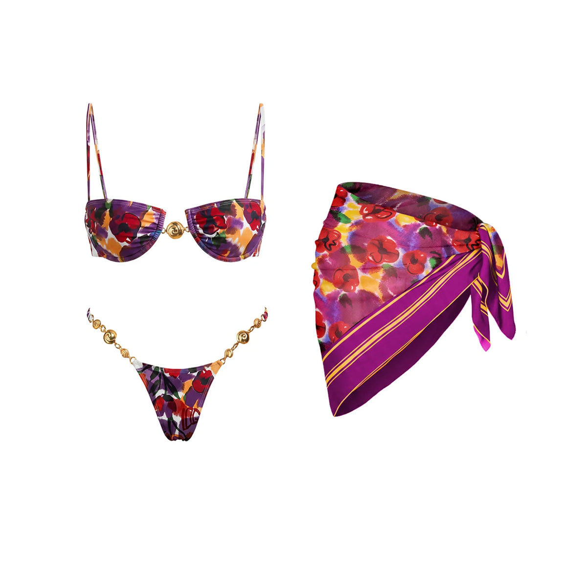3 Piece Bikini Set mid-waist design