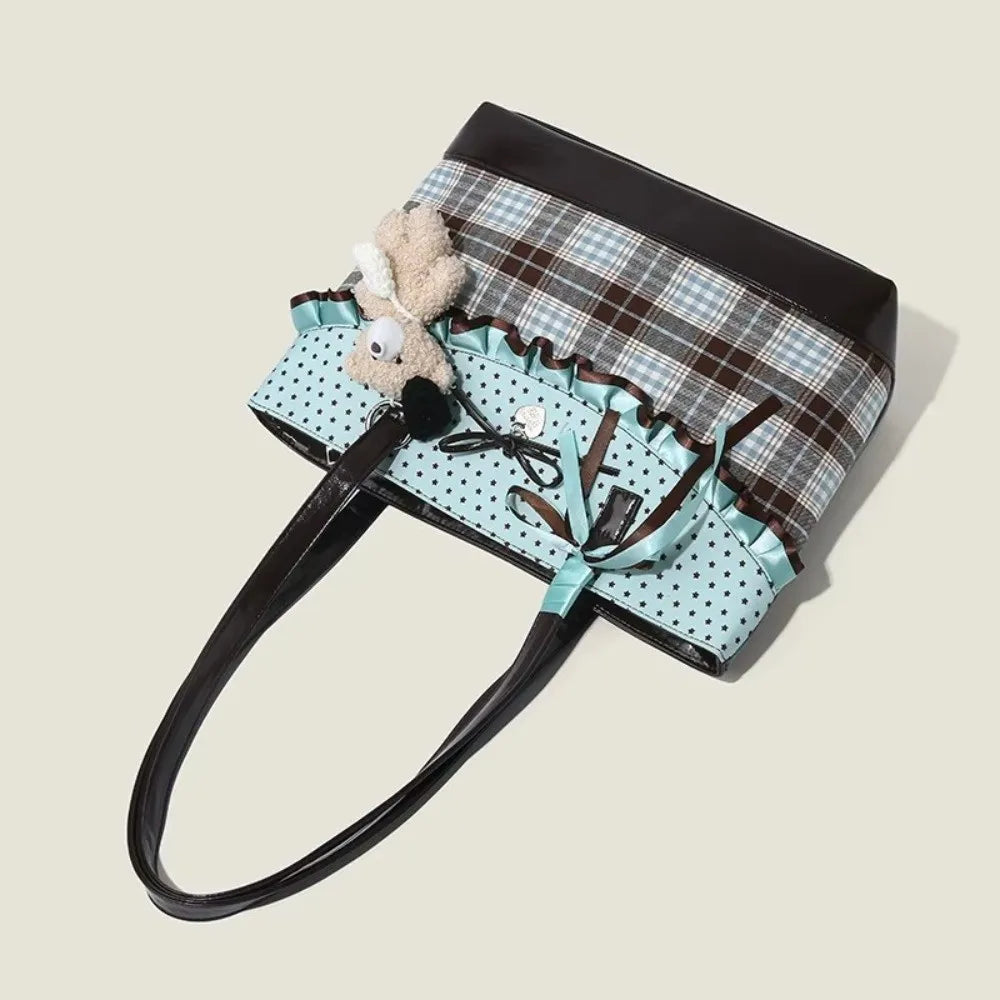 Mint Green Canvas Tote Bag Plaid Pattern Polka Dot Design Handbag Shoulder Bag Chocolate Color Bow Lace Plaid Tote Bag