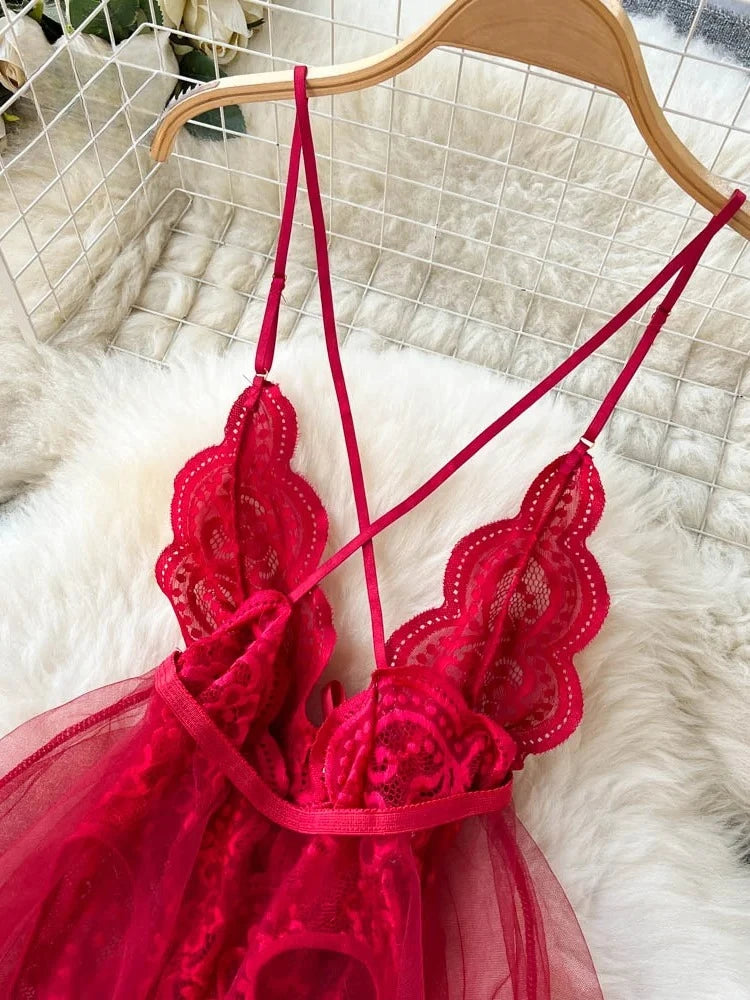 Women Sensual Lace Dress Women V-Neck Open crotch Slim Comfortable Dress Fashion Breathable Sheer Mesh Short Dress New