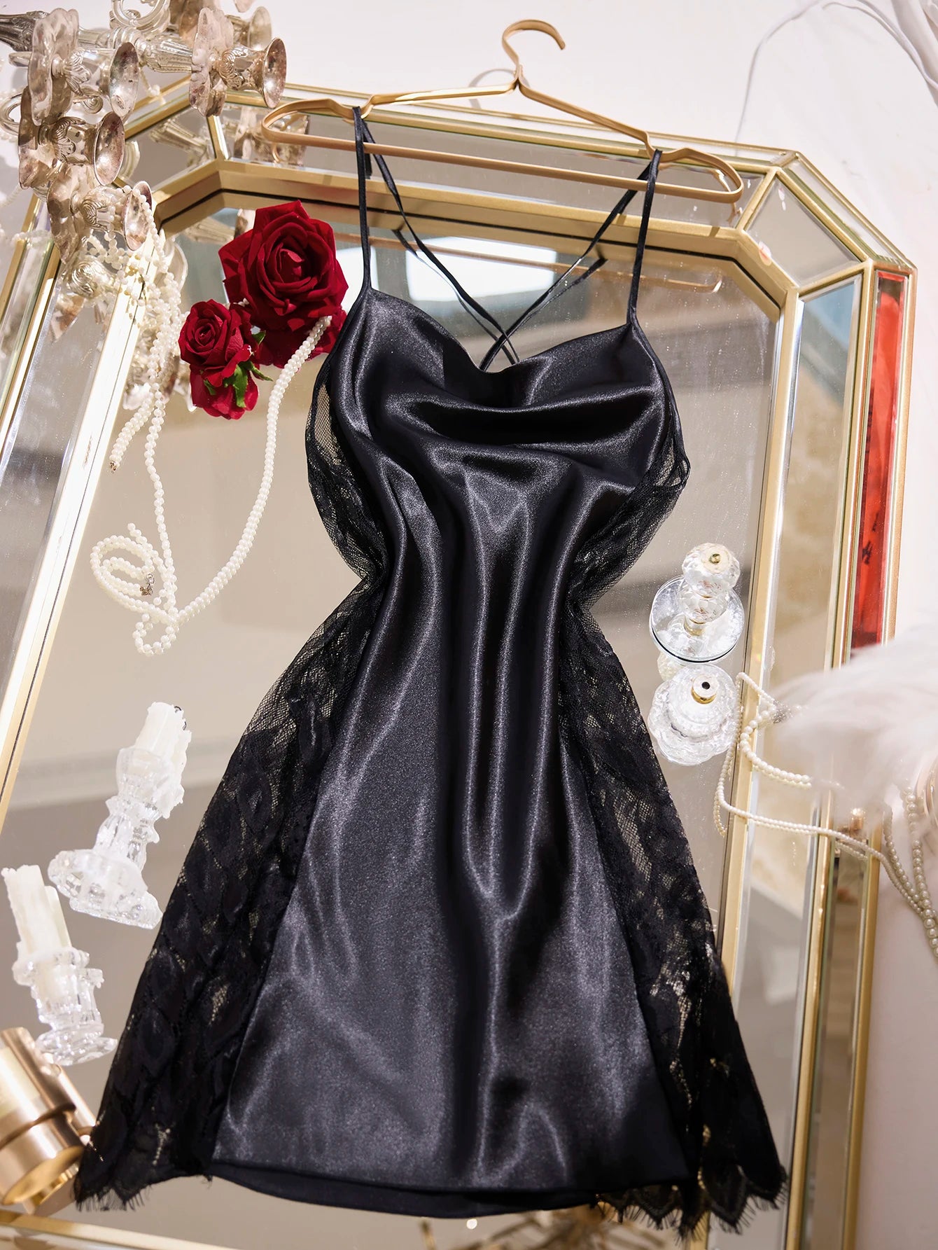 Women's Piled Up Collar Slip Nightdress Lace Patchwork Crisscross Back Pajamas Elegant Spaghetti Strap Sleep Dress